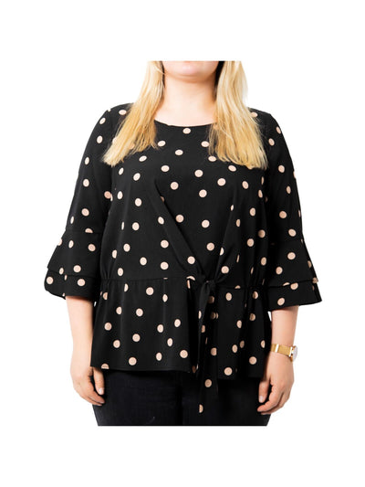 ESTELLE Womens Black Polka Dot Bell Sleeve Round Neck Wear To Work Peplum Top Plus 3X