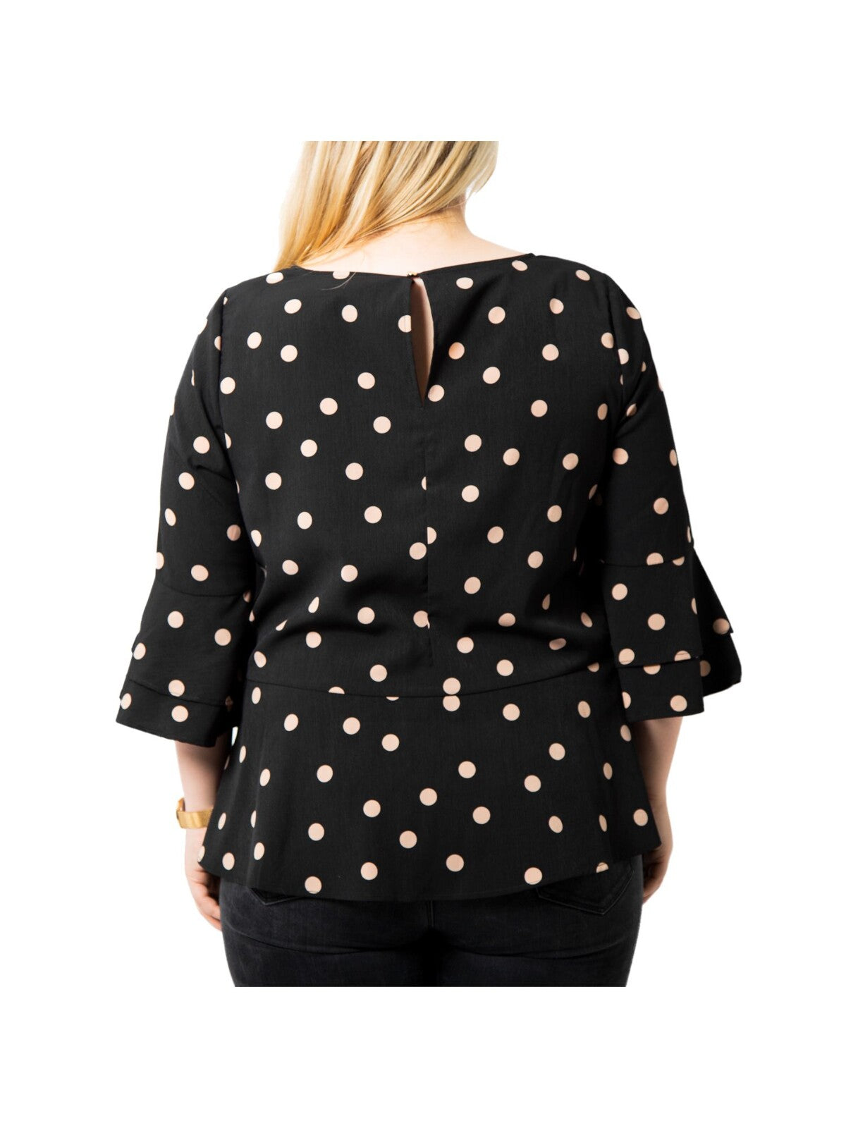 ESTELLE Womens Black Polka Dot Bell Sleeve Round Neck Wear To Work Peplum Top Plus 3X