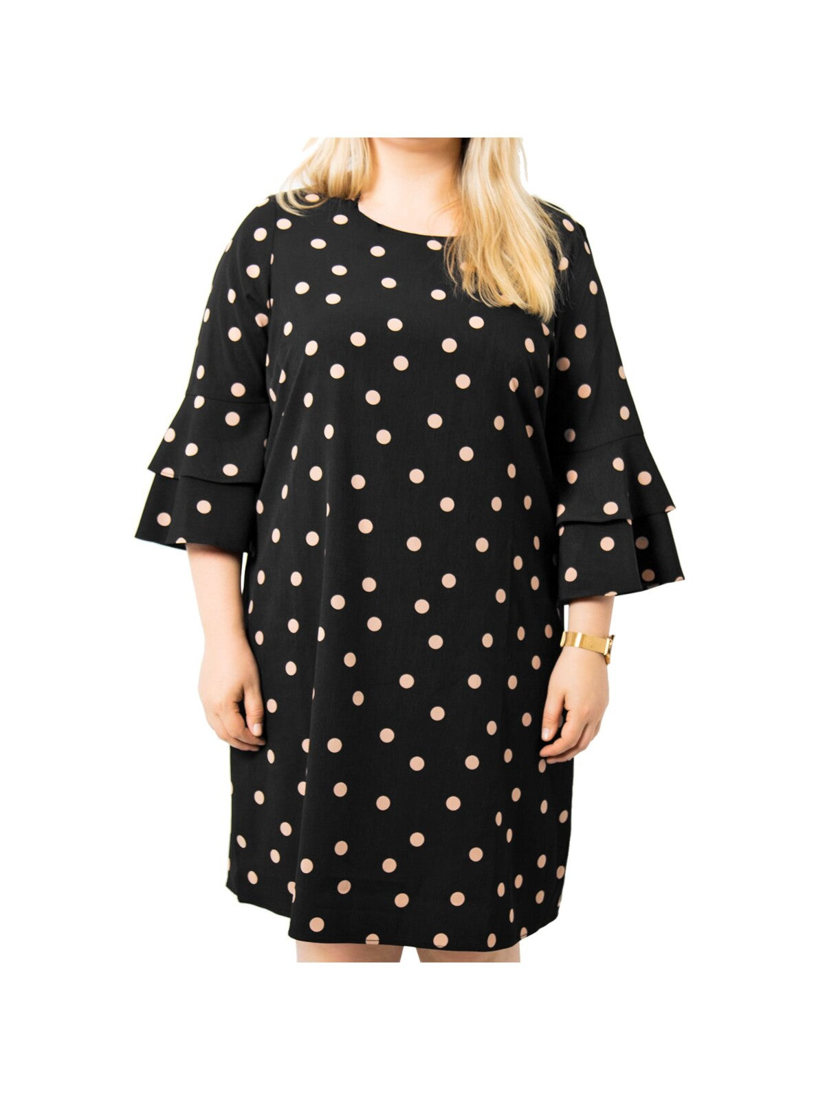 ESTELLE Womens Black Ruffled Keyhole Back Closure Polka Dot Bell Sleeve Crew Neck Knee Length Shift Dress Plus 1X