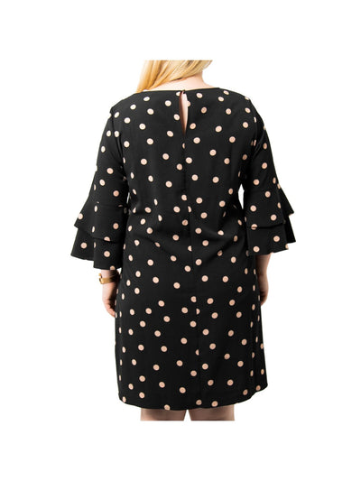 ESTELLE Womens Black Ruffled Keyhole Back Closure Polka Dot Bell Sleeve Crew Neck Knee Length Shift Dress 2X