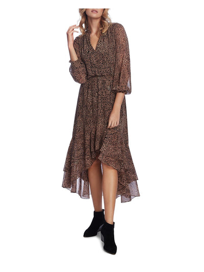 1. STATE Womens Brown Ruffled Smock Waist Animal Print 3/4 Sleeve V Neck Midi Evening Dress XS