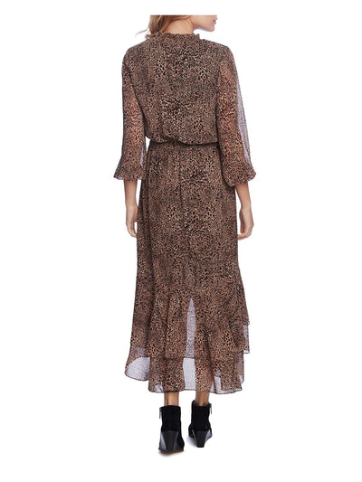 1. STATE Womens Brown Ruffled Smock Waist Animal Print 3/4 Sleeve V Neck Midi Evening Dress XS
