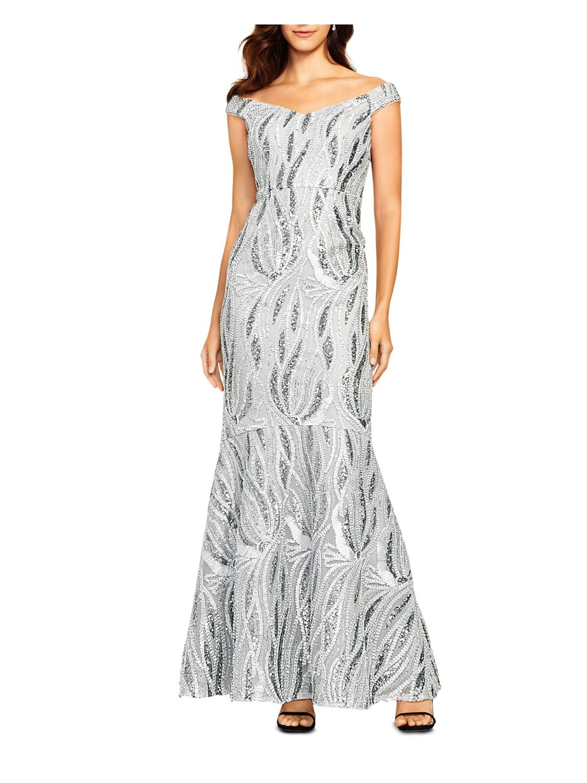 AIDAN MATTOX Womens Sequined Embroidered Trumpet Gown Sleeveless Off Shoulder Maxi Formal Dress