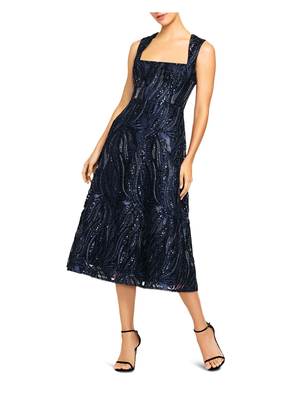 AIDAN MATTOX Womens Navy Stretch Embellished Embroidered Zippered Sleeveless Queen Anne Neckline Midi Evening Fit + Flare Dress 4