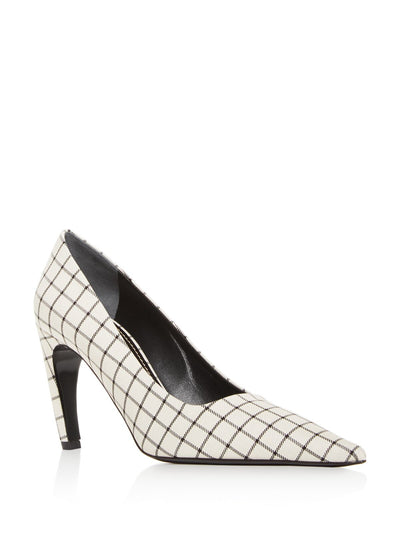 PROENZA SCHOULER Womens White Windowpane Curved Heel Padded Pointed Toe Slip On Dress Pumps Shoes 38