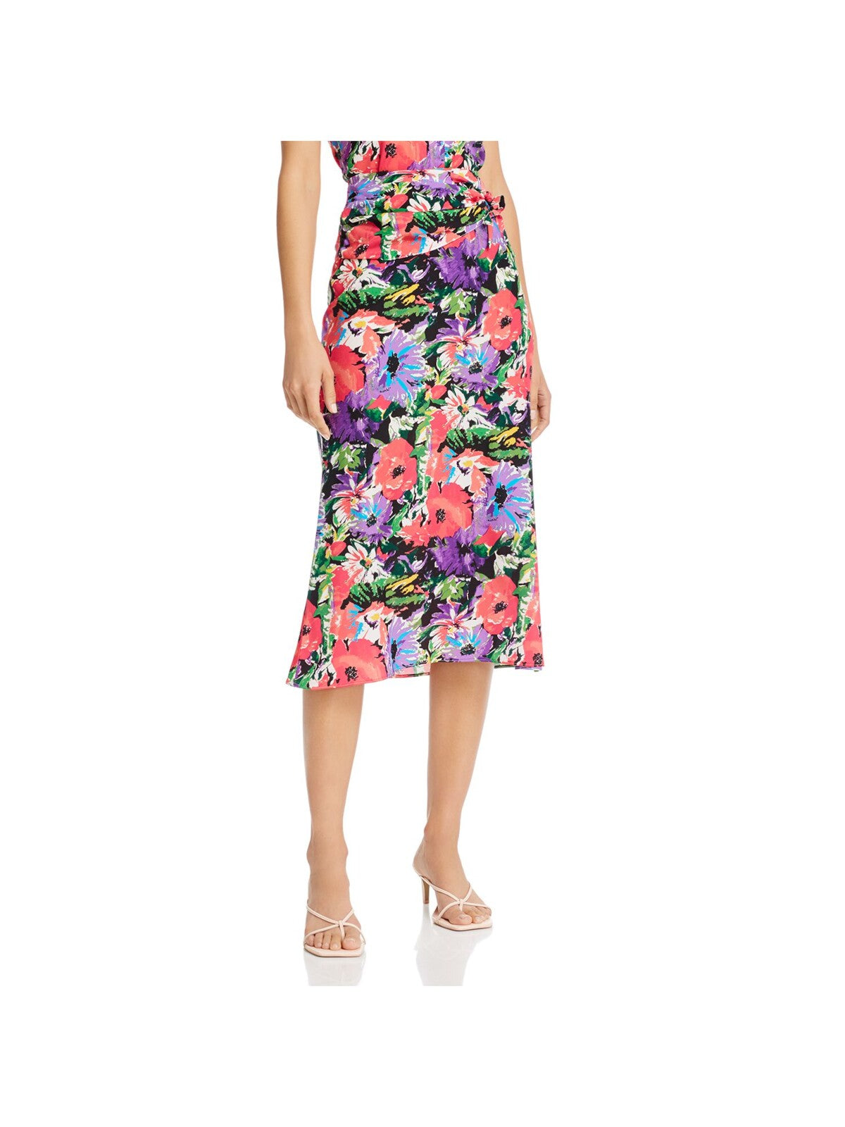 ART DEALER Womens Black Gathered Tie Floral Midi Party A-Line Skirt XS