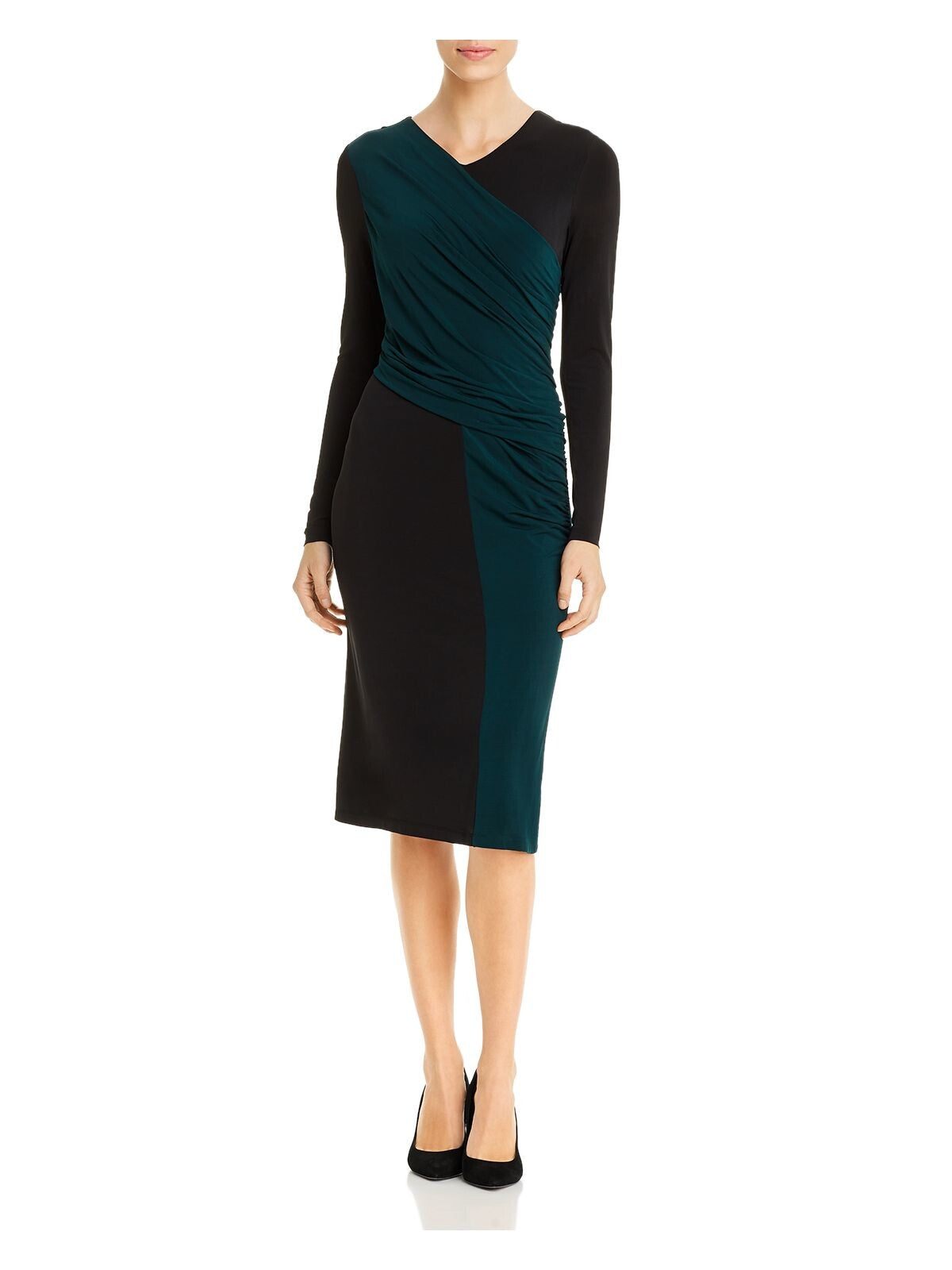 HUGO BOSS Womens Black Textured Zippered Ruched Lined Crossover Color Block Long Sleeve V Neck Below The Knee Evening Sheath Dress XS