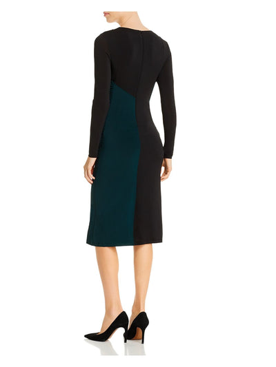 HUGO BOSS Womens Black Textured Zippered Ruched Lined Crossover Color Block Long Sleeve V Neck Below The Knee Evening Sheath Dress XS