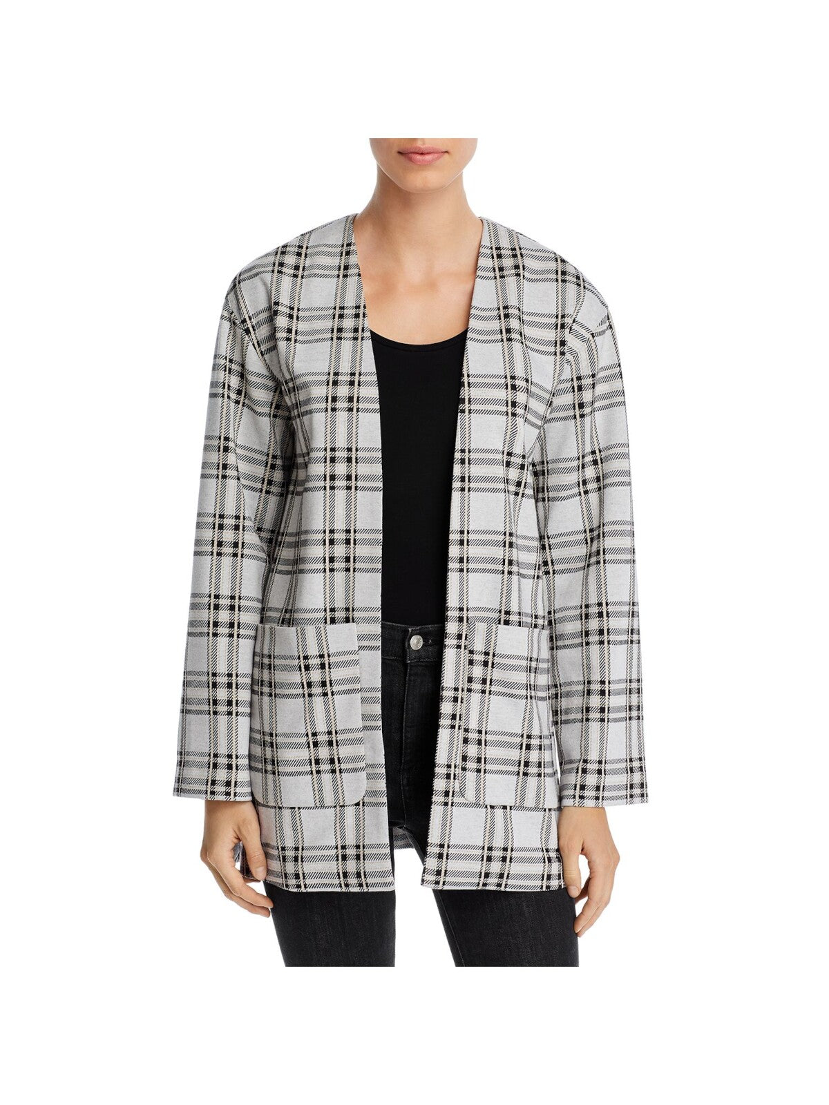 BAGATELLE Womens Gray Pocketed Open Front Cardigan Plaid Long Sleeve Wear To Work Jacket L