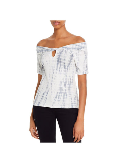 RED HAUTE Womens Silver Stretch Ribbed Keyhole Front Tie Dye Short Sleeve Off Shoulder Top L