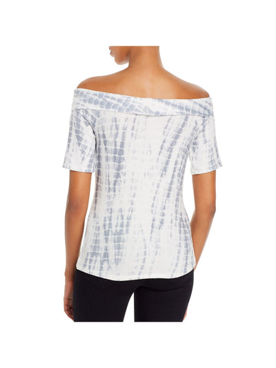RED HAUTE Womens Silver Stretch Ribbed Keyhole Front Tie Dye Short Sleeve Off Shoulder Top L