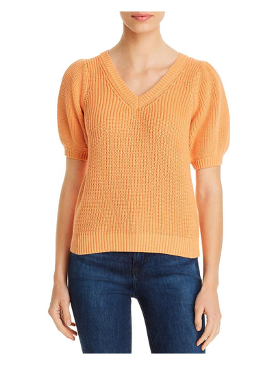 525 AMERICA Womens Orange Stretch Ribbed Pull Over Style Pouf Sleeve V Neck Blouse M