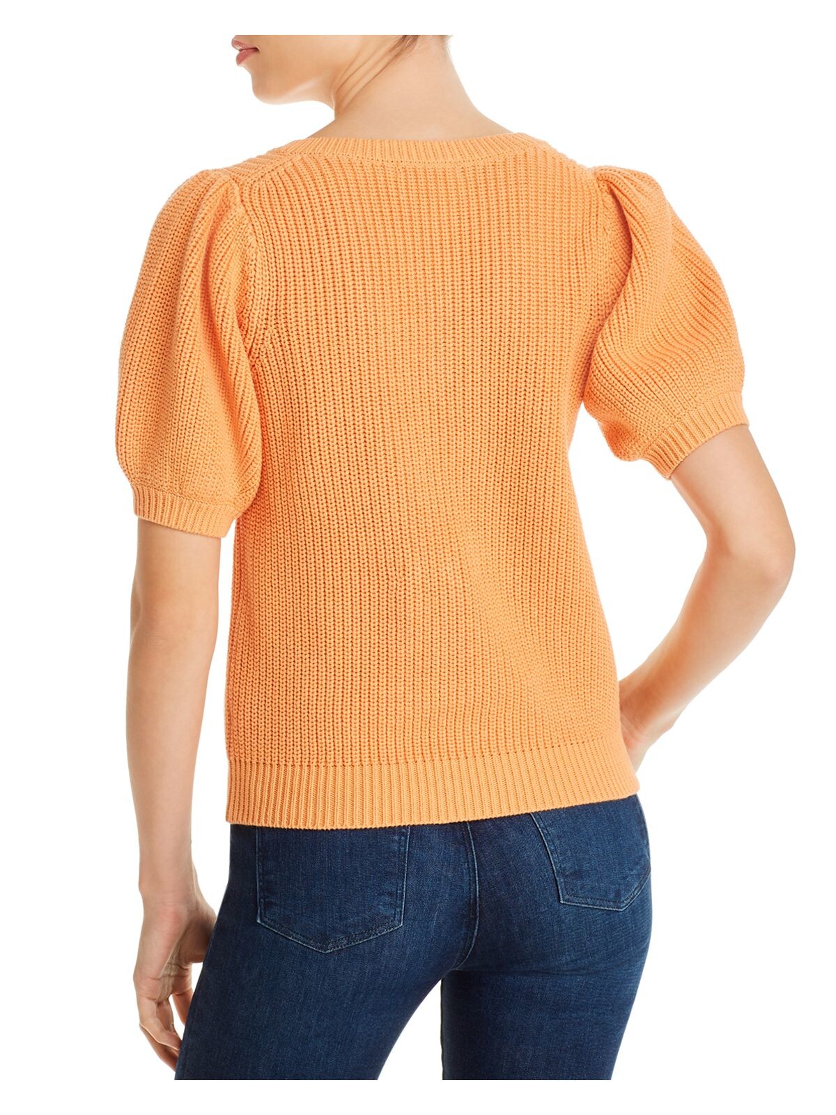 525 AMERICA Womens Orange Stretch Ribbed Pull Over Style Pouf Sleeve V Neck Blouse M