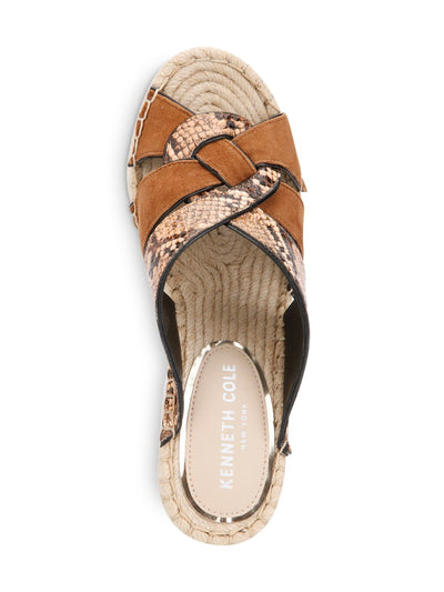 KENNETH COLE NEW YORK Womens Cocoa Beige Mixed Media Snakeskin Print Espadrille 1" Platform Padded Woven Olivia Open Toe Wedge Slip On Leather Heeled Mules Shoes 7.5