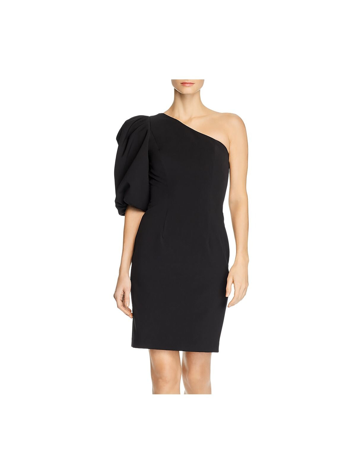 BLACK HALO Womens Black Zippered Lined Balloon Sleeve Asymmetrical Neckline Above The Knee Cocktail Sheath Dress 2