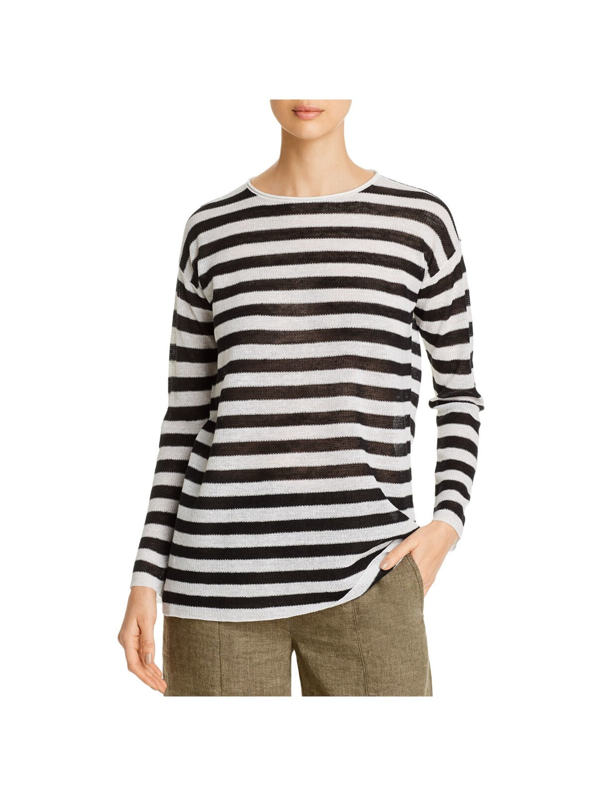 EILEEN FISHER Womens Black Striped Long Sleeve Crew Neck Tunic Top XXS