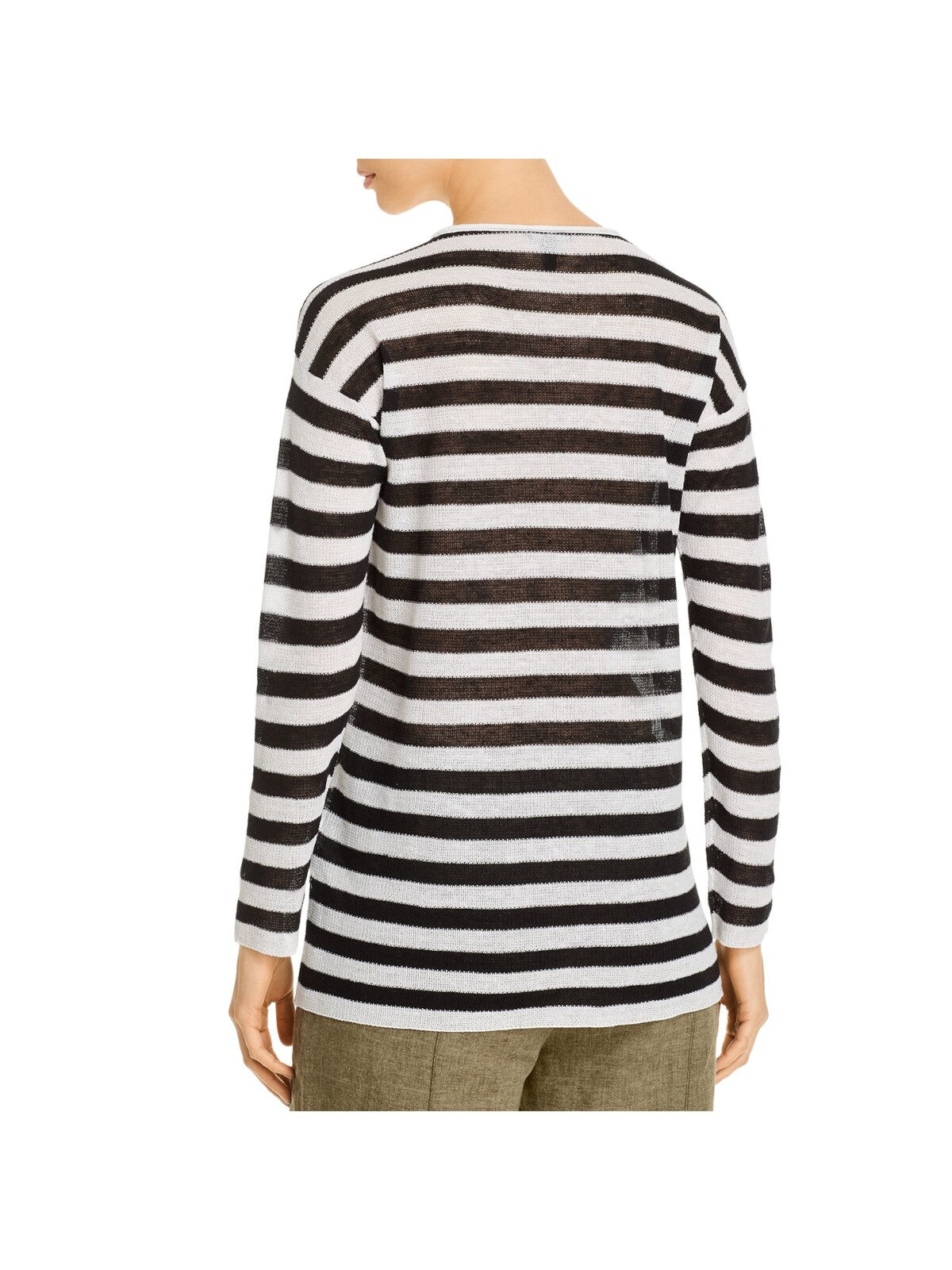 EILEEN FISHER Womens Black Knit Striped Long Sleeve Round Neck Blouse Petites PS \ PP