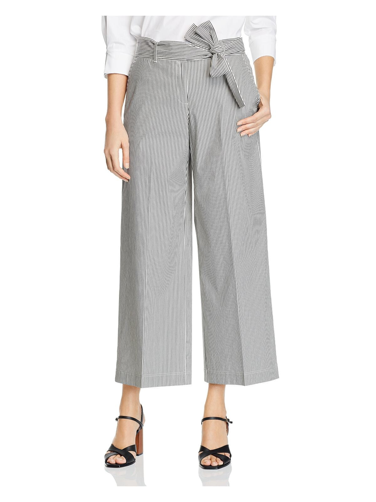 LAFAYETTE 148 Womens Black Zippered Pocketed Belted Cropped Striped Wear To Work Wide Leg Pants 12