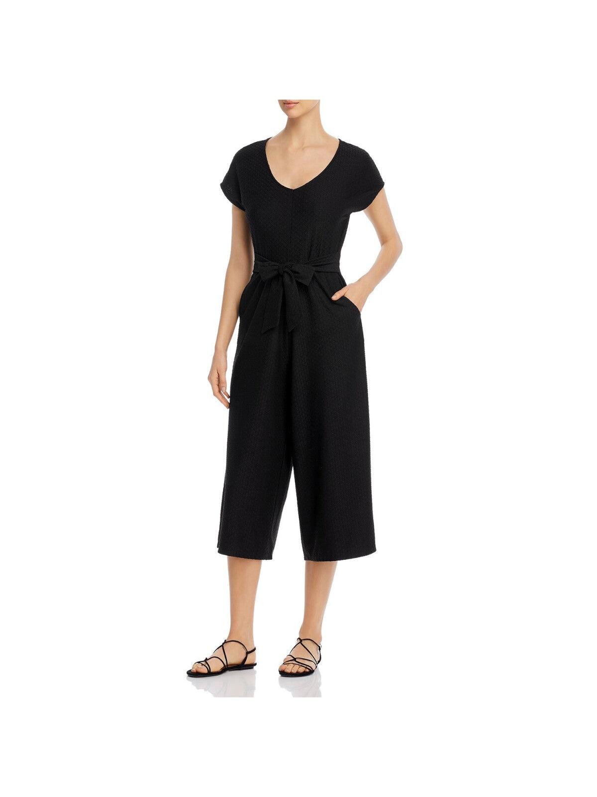 CUPIO Womens Black Stretch Textured Belted Cropped Short Sleeve V Neck Flare Jumpsuit XL