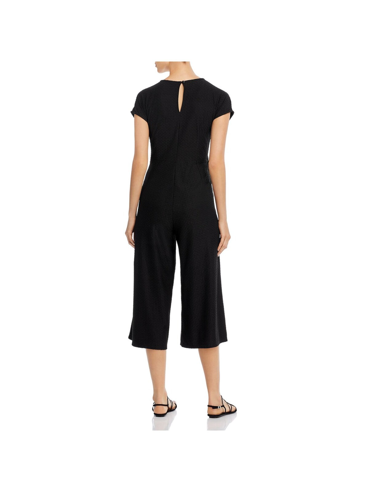 CUPIO Womens Black Stretch Textured Belted Cropped Short Sleeve V Neck Flare Jumpsuit S