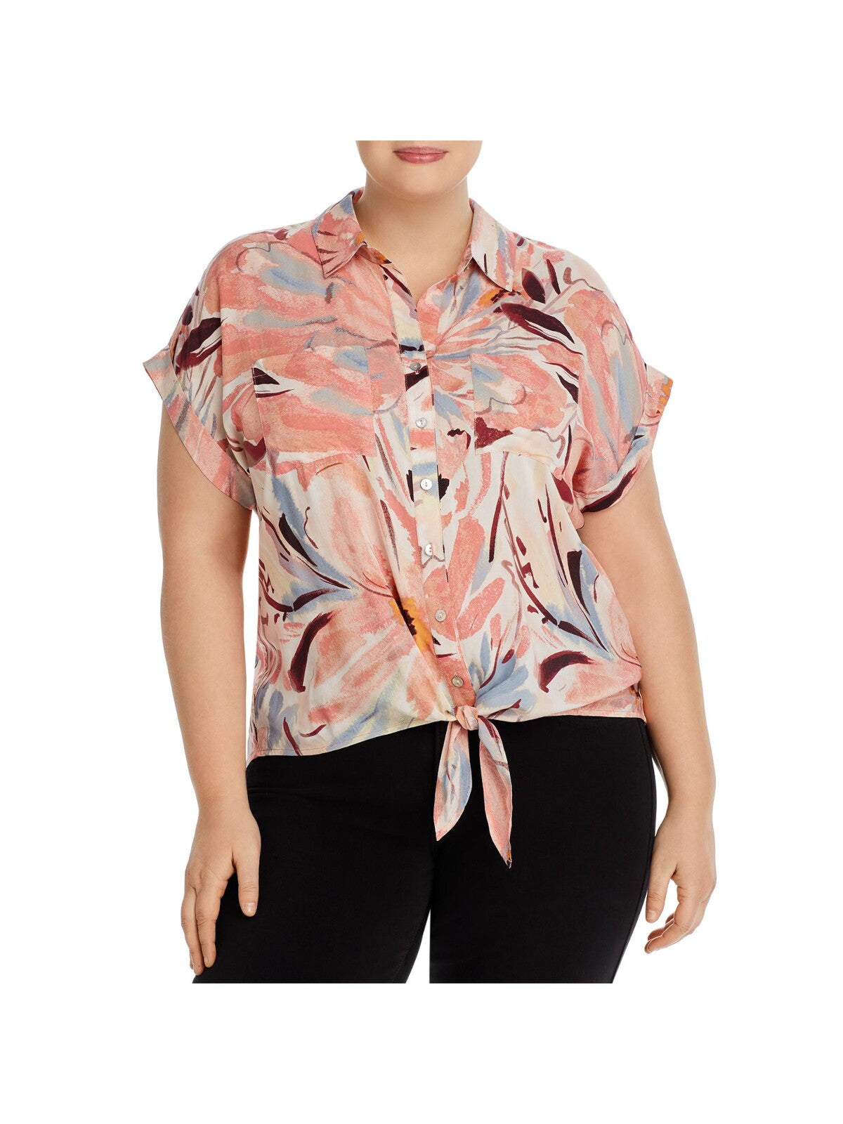 CUPIO BLUSH Womens Pink Pocketed Rolled Cuffs Curved Tie Hem Printed Short Sleeve Button Up Top Plus 2X