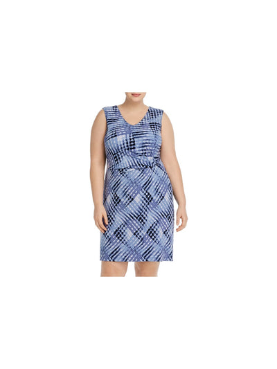 NIC+ZOE Womens Blue Stretch Twist Front Lined Tie Dye Sleeveless V Neck Knee Length Wear To Work Sheath Dress Plus 2X