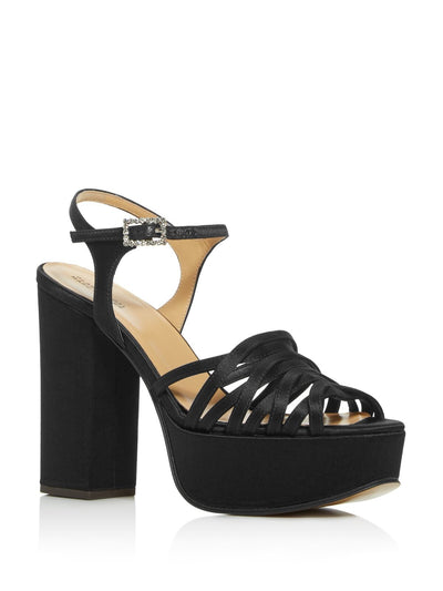 MARC JACOBS Womens Black 1-1/2" Platform Strappy Rhinestone The Gram Round Toe Block Heel Buckle Dress Heeled Sandal 36.5