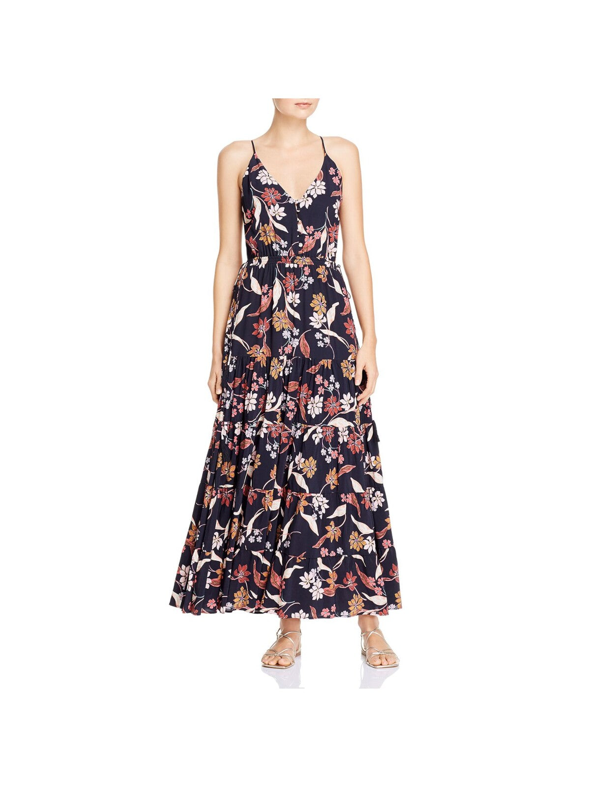 DOLAN Womens Black Floral Spaghetti Strap V Neck Maxi Fit + Flare Dress S