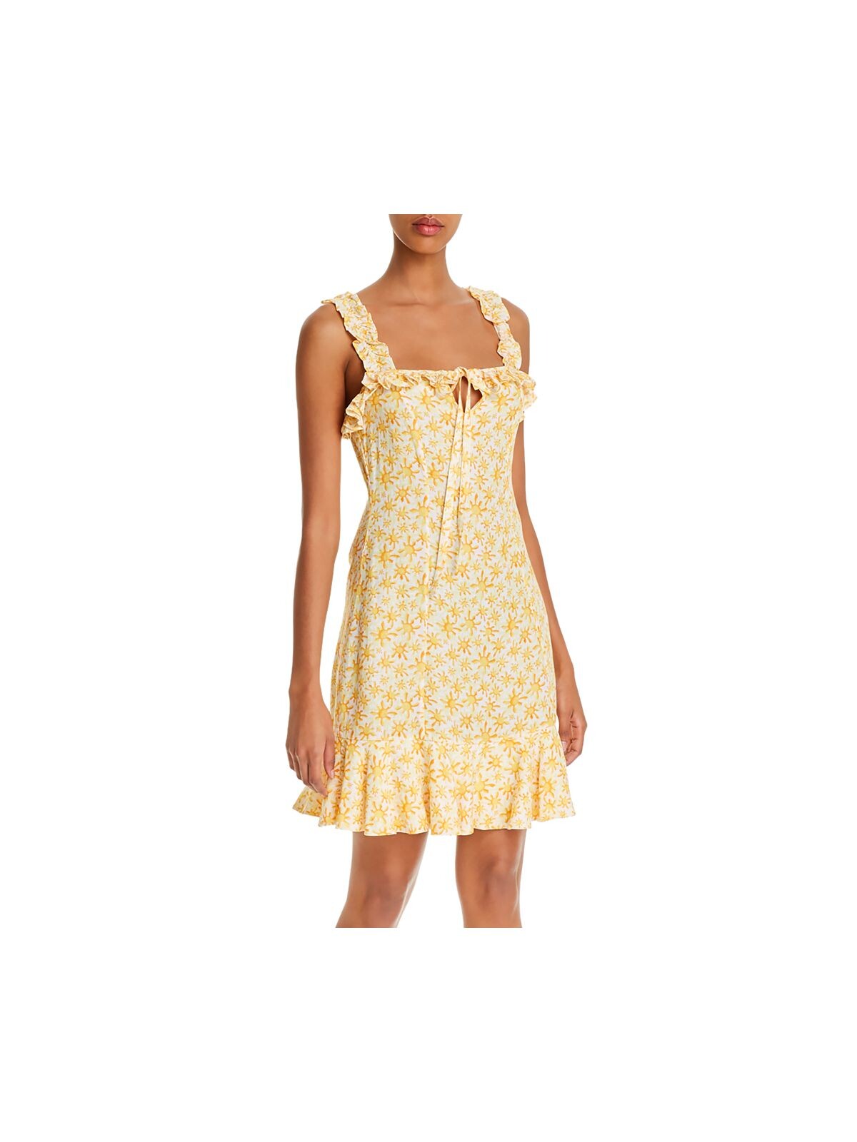 ALL THINGS MOCHI Womens Yellow Ruffled Tie Sleeveless Square Neck Above The Knee Shift Dress XL