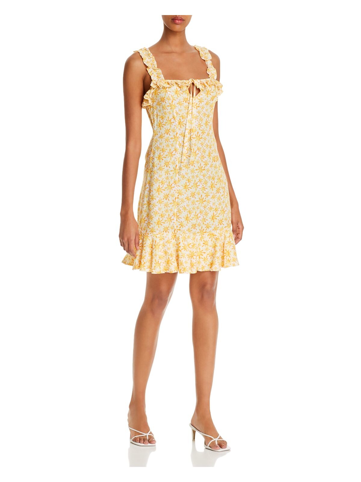ALL THINGS MOCHI Womens Yellow Ruffled Tie Sleeveless Square Neck Above The Knee Shift Dress XL