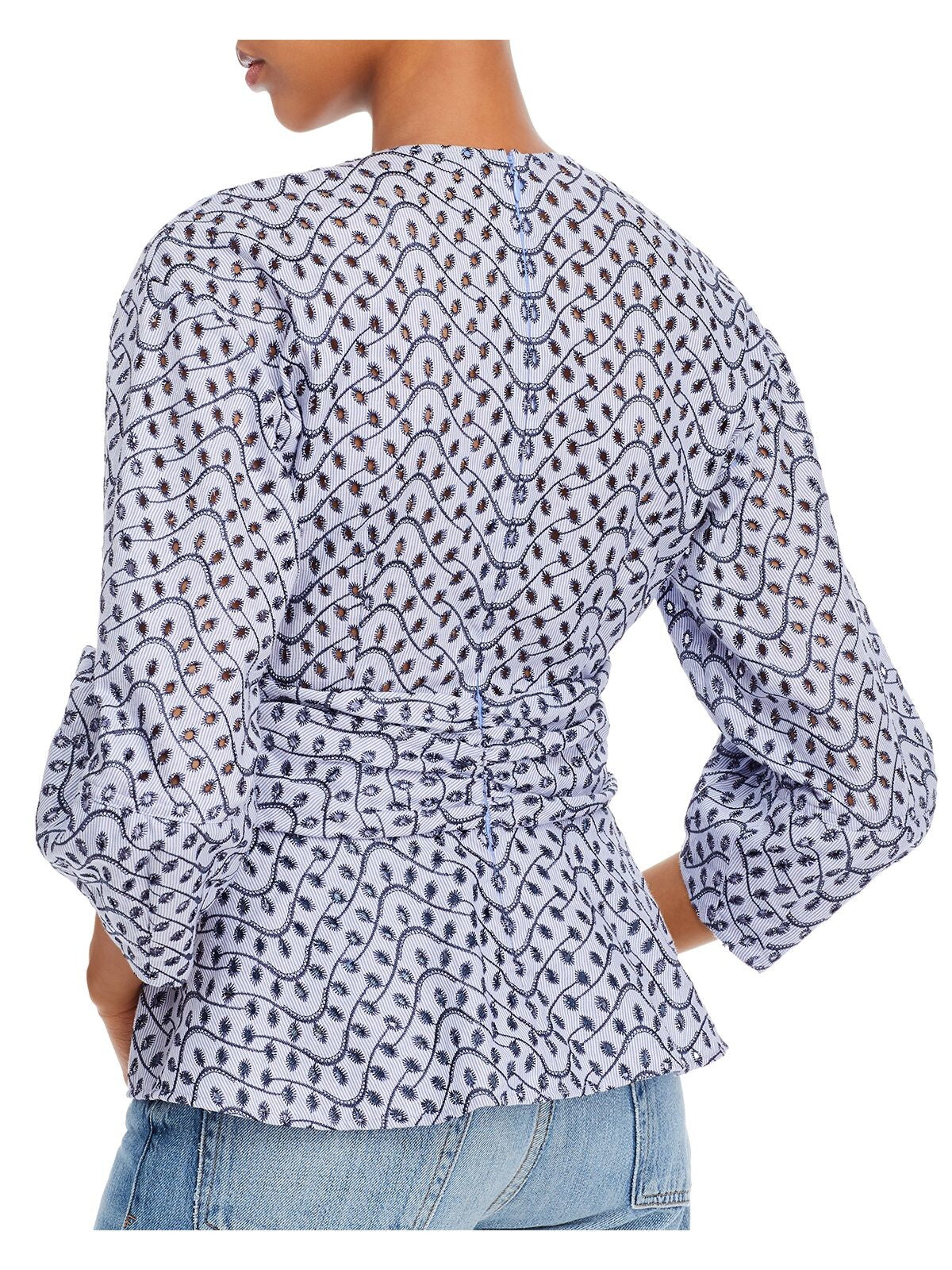 DEREK LAM 10 CROSBY Womens Light Blue Eyelet Zippered Pleated Unlined Textured 3/4 Sleeve V Neck Top 4