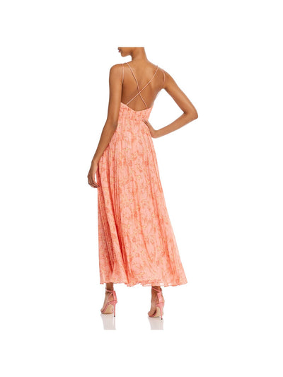 AMUR Womens Orange Cut Out Zippered Sheer Lined Pleated Floral Spaghetti Strap V Neck Maxi Party Fit + Flare Dress 0