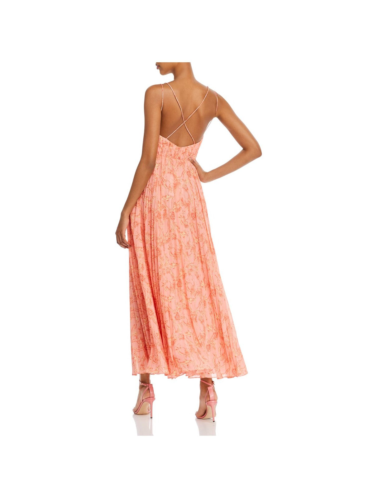 AMUR Womens Orange Cut Out Zippered Sheer Lined Pleated Floral Spaghetti Strap V Neck Maxi Party Fit + Flare Dress 8