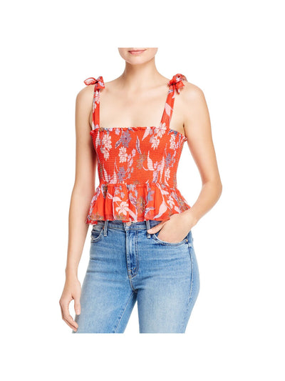 DOLAN Womens Red Stretch Smocked Ruffled Pleated Tank Floral Sleeveless Square Neck Top L
