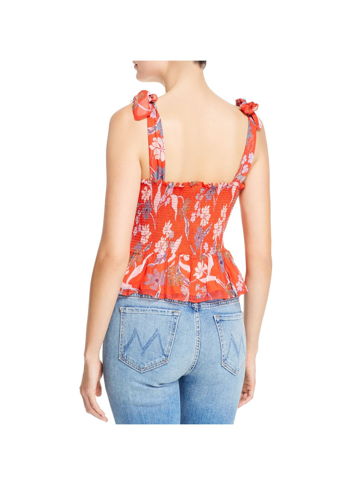 DOLAN Womens Red Stretch Smocked Ruffled Pleated Tank Floral Sleeveless Square Neck Top L