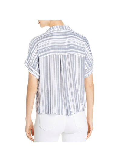 XCVI Womens White Cotton Tie Striped Short Sleeve Collared Wear To Work Button Up Top XS