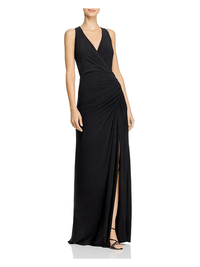 ADRIANNA PAPELL Womens Black Slitted Sleeveless V Neck Full-Length Evening Fit + Flare Dress 14