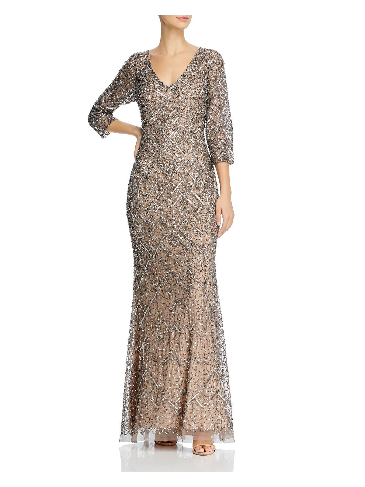 ADRIANNA PAPELL Womens Silver Embellished Zippered Mesh Gown 3/4 Sleeve V Neck Full-Length Formal Dress 6