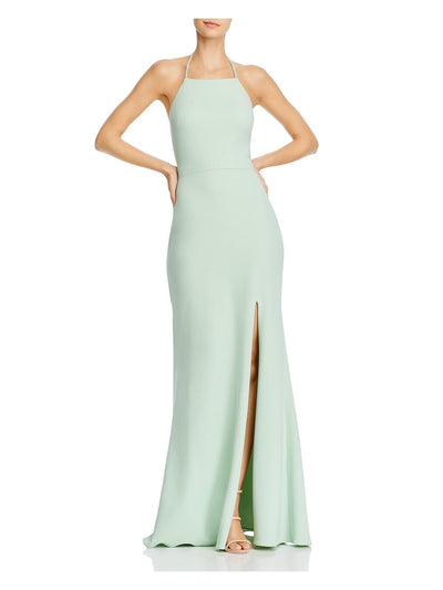 AQUA FORMAL Womens Green Rhinestone Zippered Slitted Bra Insert Sleeveless Halter Full-Length Formal Gown Dress 0