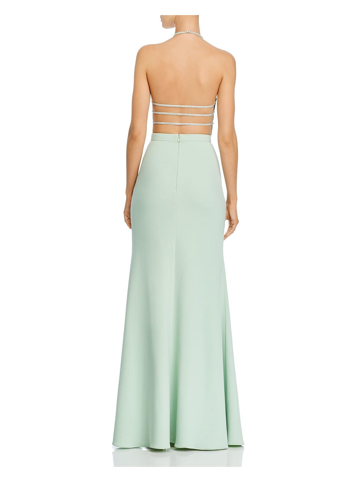 AQUA FORMAL Womens Green Rhinestone Zippered Slitted Bra Insert Sleeveless Halter Full-Length Formal Gown Dress 0