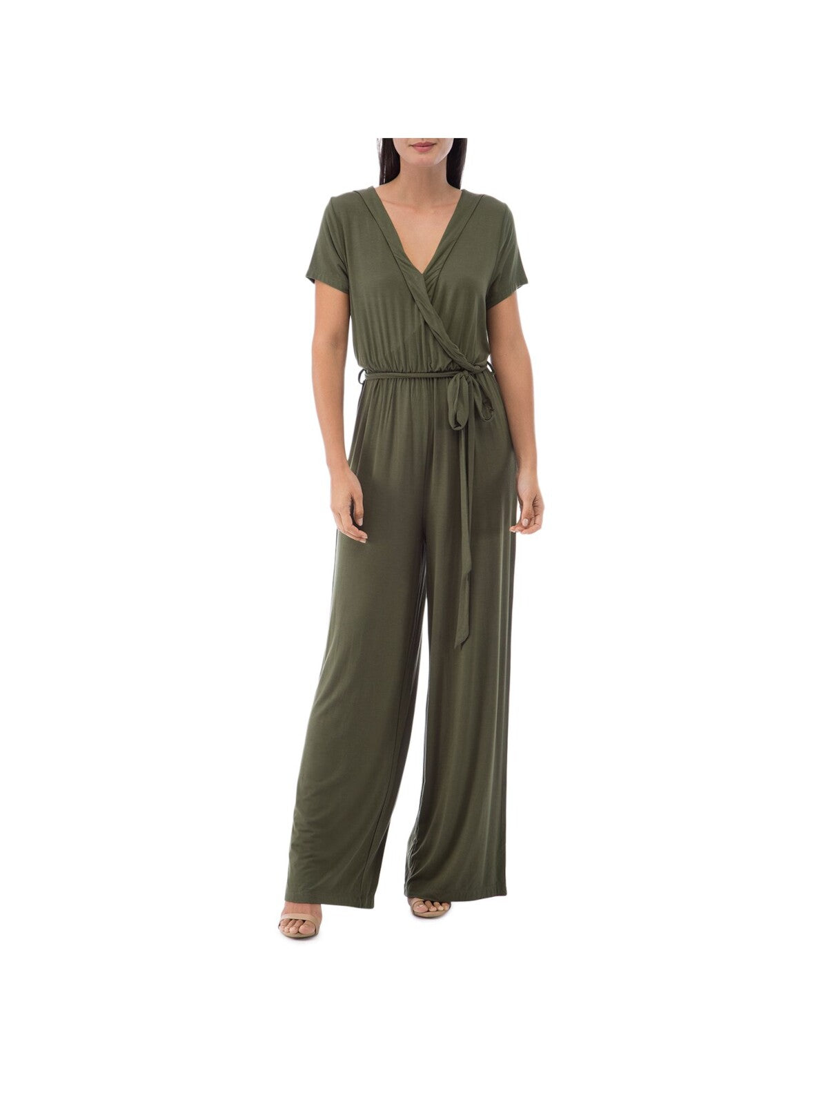 COLLECTION BY BOBEAU Womens Green Stretch Short Sleeve Surplice Neckline Jumpsuit S
