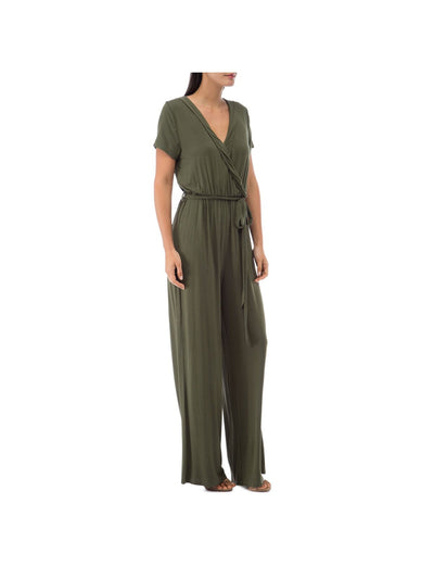 COLLECTION BY BOBEAU Womens Green Stretch Short Sleeve Surplice Neckline Jumpsuit S