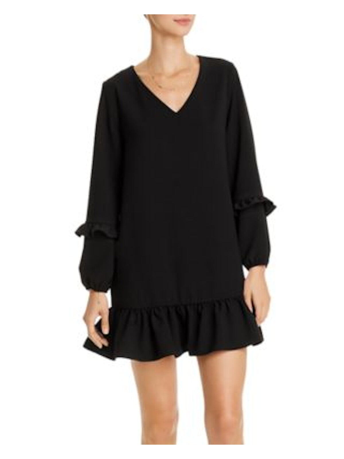 AQUA Womens Black Ruffled Long Sleeve Mini Cocktail Shift Dress XS