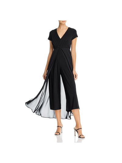 ADRIANNA PAPELL Womens Black Stretch Zippered Pintucked Waist To Hem Overlay Short Sleeve V Neck Party Wide Leg Jumpsuit 0