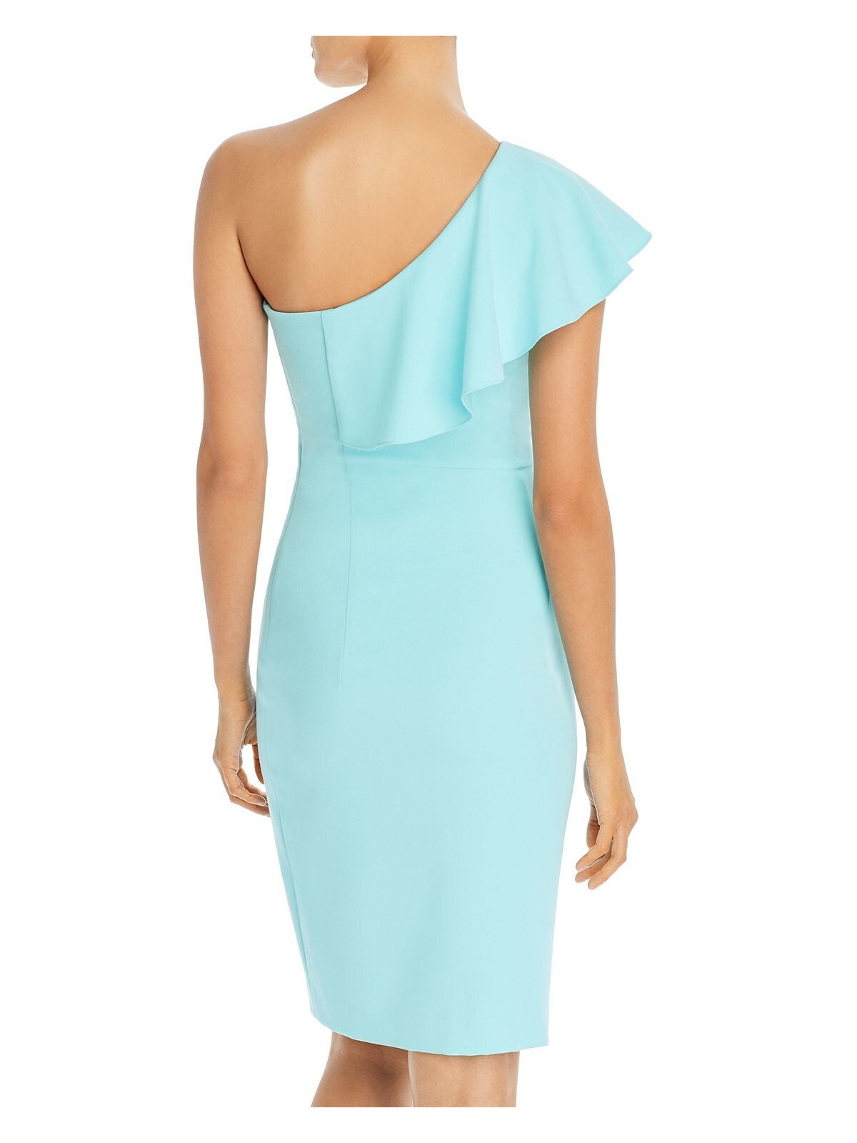 BLACK HALO Womens Aqua Stretch Ruffled Zippered Drape Detail Sleeveless Asymmetrical Neckline Above The Knee Evening Sheath Dress 10