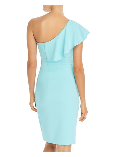 BLACK HALO Womens Aqua Stretch Ruffled Zippered Drape Detail Sleeveless Asymmetrical Neckline Above The Knee Evening Sheath Dress 10