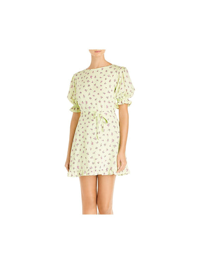 FAITHFULL THE BRAND Womens Green Ruffled Tie Floral Elbow Sleeve Crew Neck Short Fit + Flare Dress 4