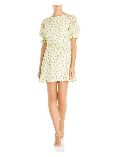 FAITHFULL THE BRAND Womens Green Ruffled Tie Floral Elbow Sleeve Crew Neck Short Fit + Flare Dress XS