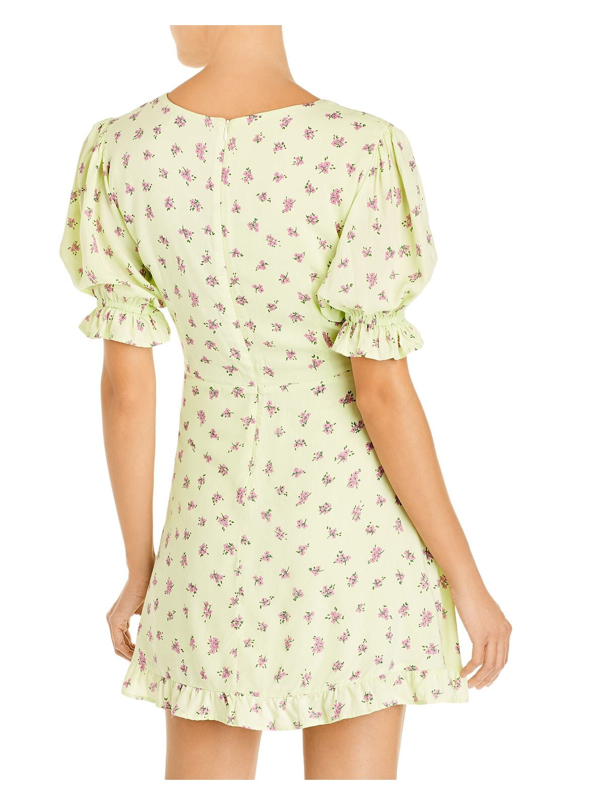 FAITHFULL THE BRAND Womens Green Ruffled Tie Floral Elbow Sleeve Crew Neck Short Fit + Flare Dress XS