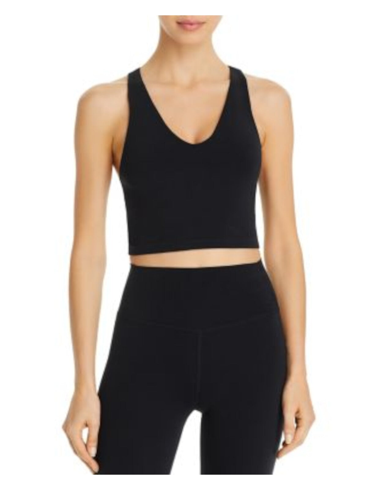 SPLITS 59 Womens Black Racerback Built-in Shelf Bra Sleeveless V Neck Active Wear Crop Top XS